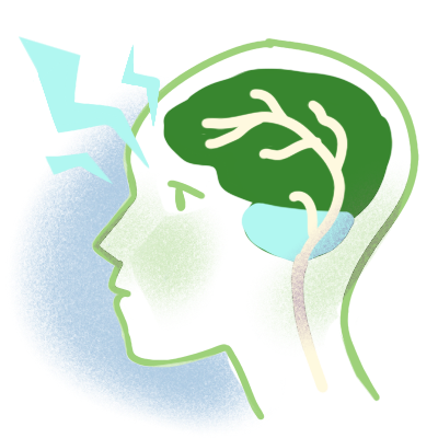 stylized green and blue drawing of a head in sillhouette with a brain